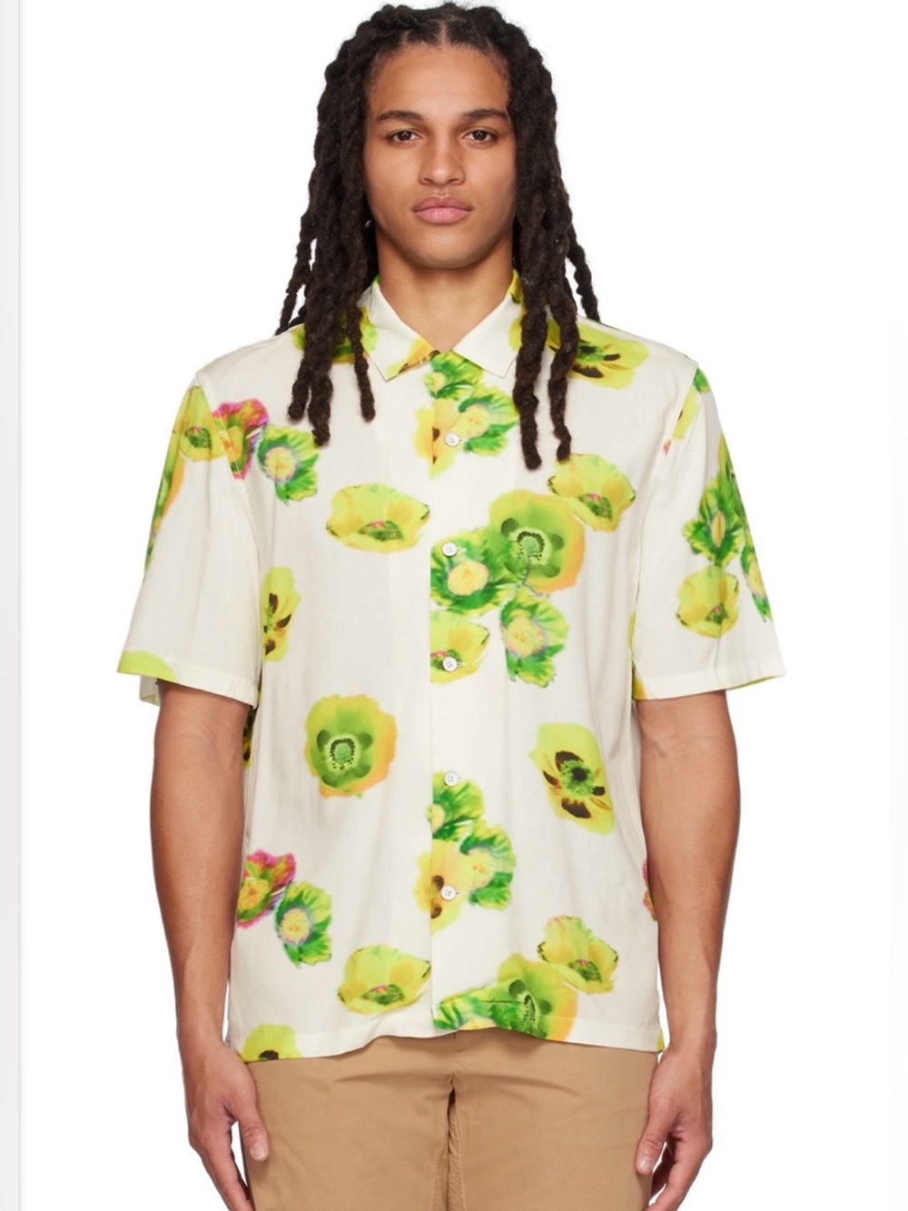 rag & bone Contemporary Cream Short Sleeve Button-Up w/ Green Floral Print XS